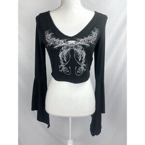 Romwe Crop Top Women Large 8/10 Black Flounce Sleeve Fairycore Goth Butterfly